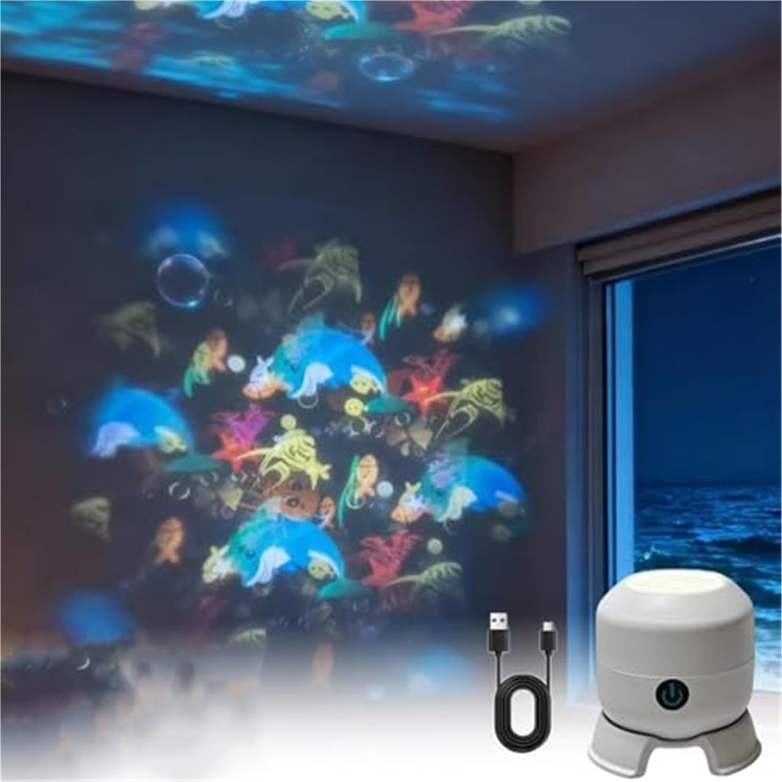 CAIFUGUIHE 360° Rotating LED Night Light Projector, Rechargeable Dimmable Dynamic Projection Lamp with Christmas Snowflake Ocean Modes, Multi-Angle Base Ambient Lighting(A,Rechargeable Version)