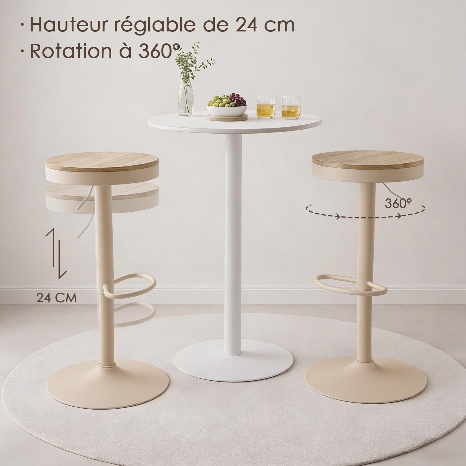 Kidol & Shellder Juego de 2 taburetes de Bar, Altura Regulable de 56 a 80 cm, giratorios, sin Respaldo, Asiento de Madera, con reposapiés, Taburete de Cocina