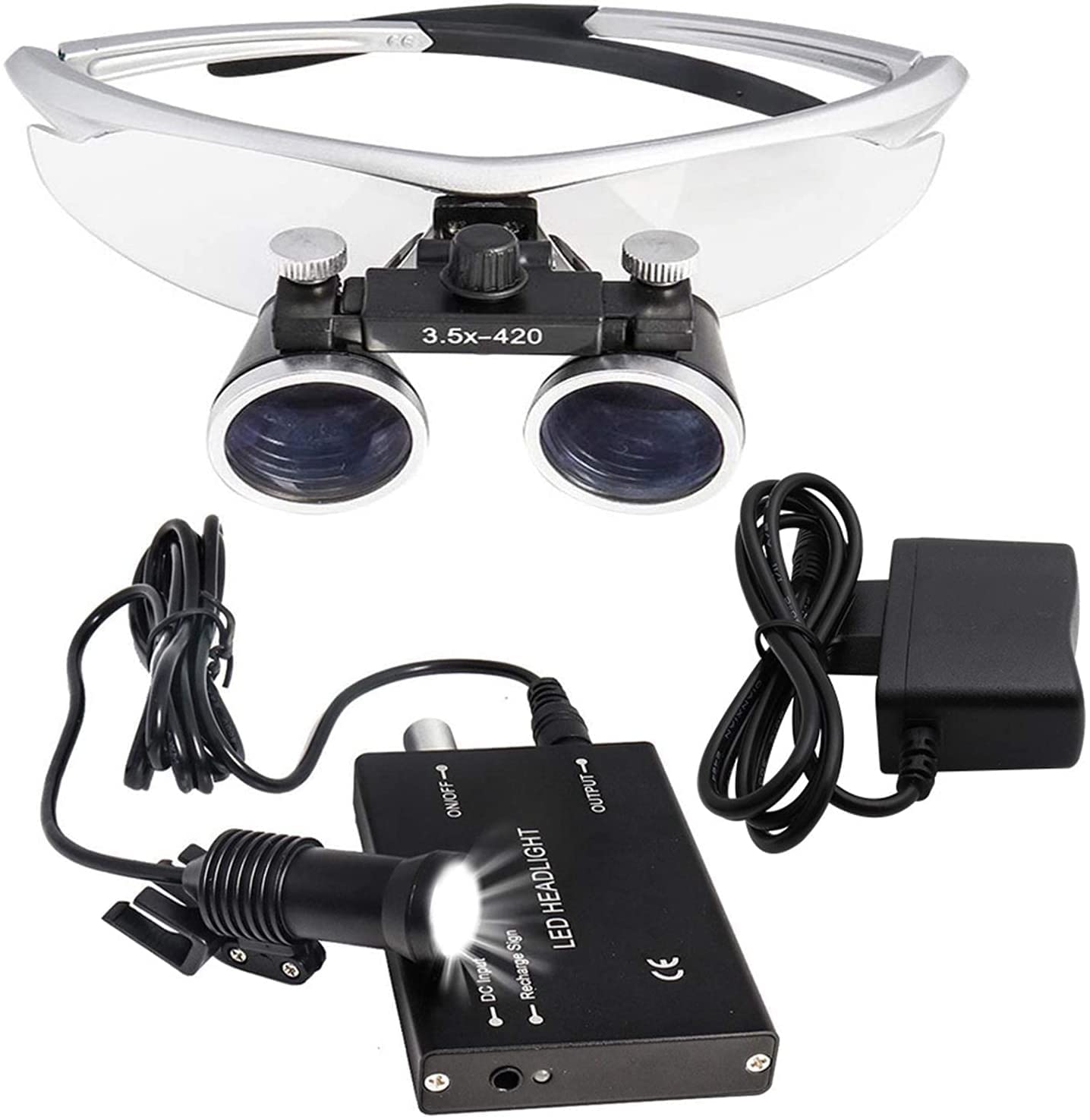 SaryEdge Magnifying Glasses Dental Loupes, 420mm Dental Magnifier, 5W LED Head Magnifier, Surgical Magnifying Lens,Silver,3.5X,