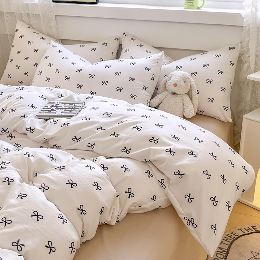 Covebett Black Bow Duvet Cover Single Bows Bowknot Print Kawaii Bedding Set Kids Girls Cute Black White Bow Tie Microfiber Comforter Cover 135x200 cm with Zipper Closure and 1 Pillowcase 50x75 cm — image 1