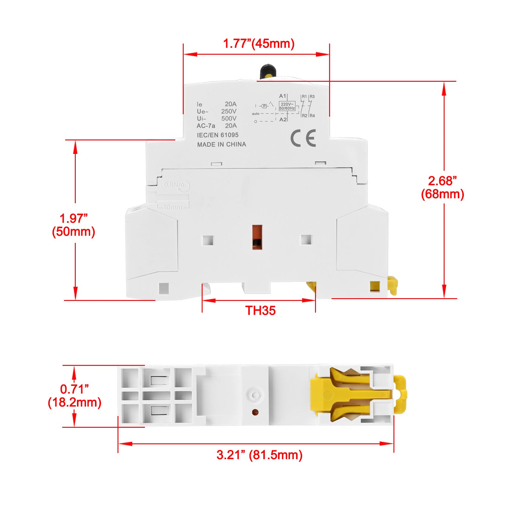 Contattore CA Heschen CT1-20 - 20A, 2 Poli, 220V, Per Montaggio Su Guida DIN