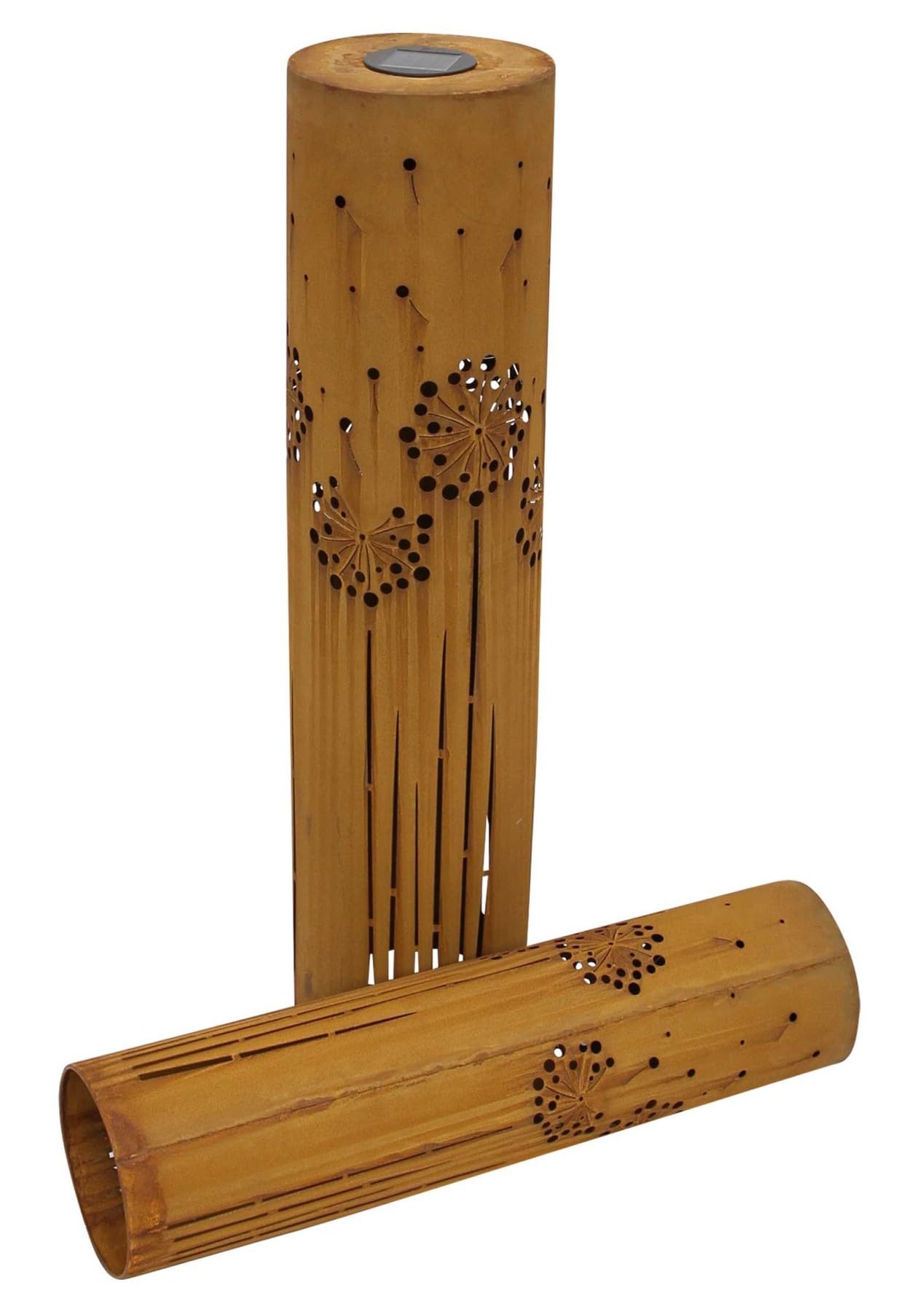 Dekoleidenschaft Lot de 2 colonnes décoratives solaires LED en métal avec rouille véritable - 60 + 80 cm de haut - Colonne de rouille - Décoration de jardin pour l'extérieur - Lampe solaire pour