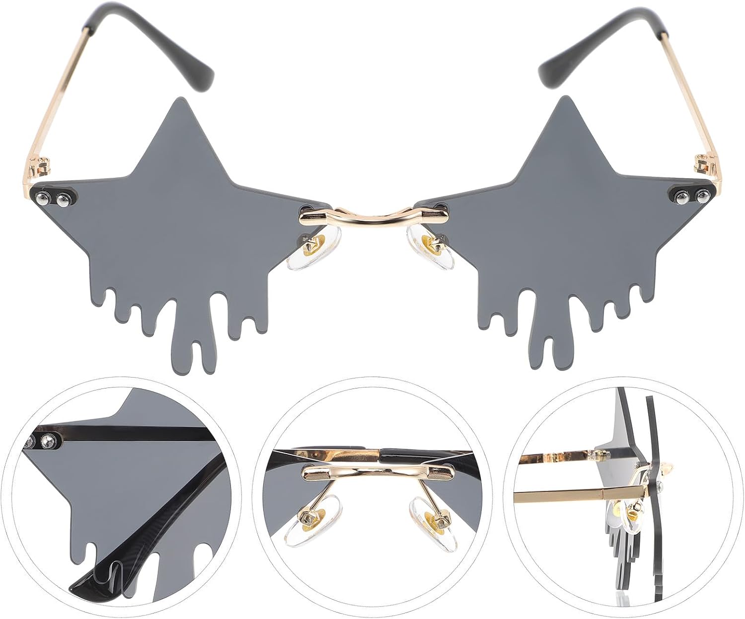Rimless Star Tassel Sunglasses Frameless Party Eyewear for Women Men, Gold Frame Gray Lens Beach Disco Festival Accessories