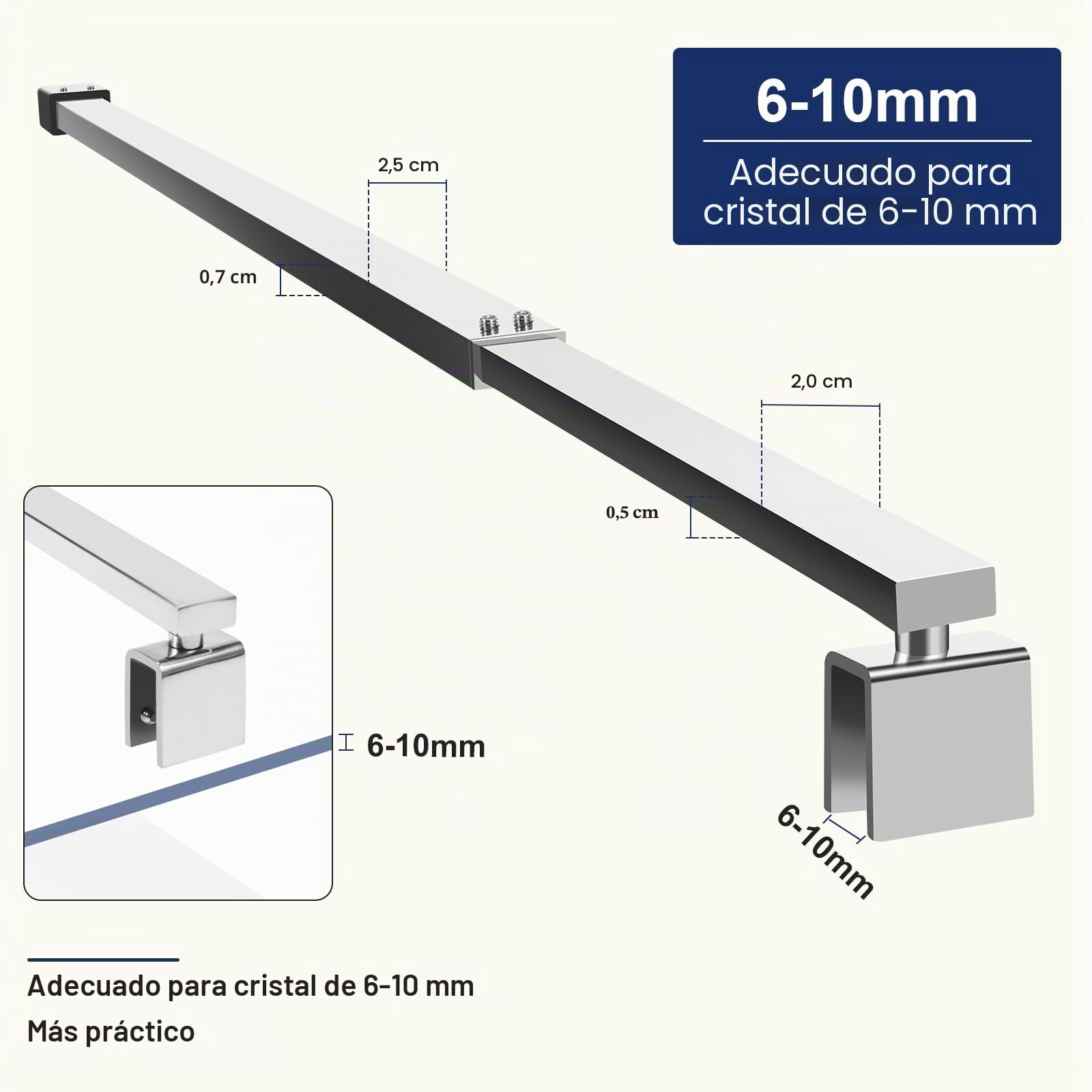 SVNR Barra de soporte telescópica ajustable de acero inoxidable para mampara de ducha, 700 mm-1200 mm, grosor de cristal de 6 a 10 mm (cuadrado plateado)