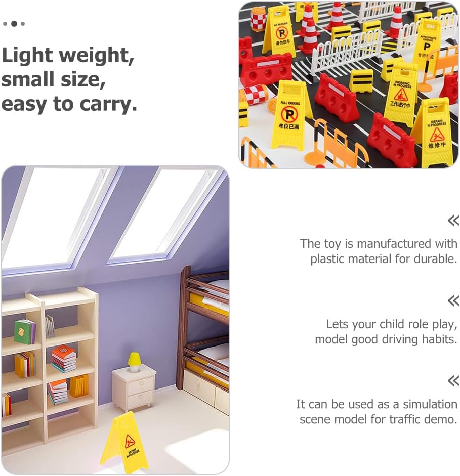 TOYANDONA 31Pcs Road Signs for Kids, Miniature Plastic Traffic Cones Mini Barrel Roadblocks Toys Set Educational Playset Pieces for Boys& Girls