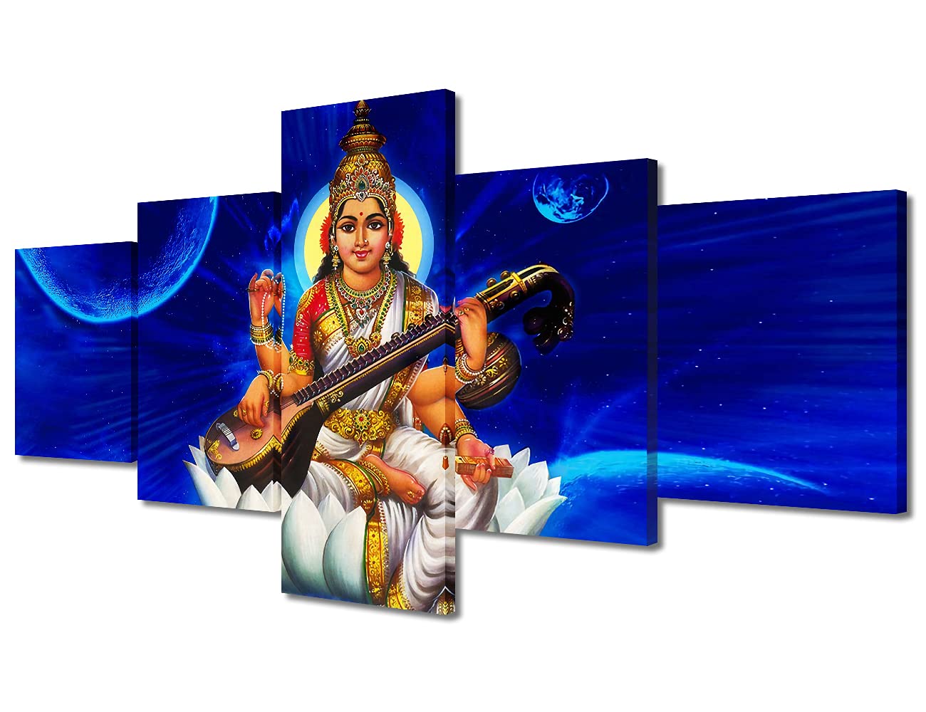 Modern Wall Decorations for Living Room Maa Saraswati Wall Art Hindu Wall Paintings Modern 5 Piece Artwork Hinduism Home Decor Wooden Framed Gallery Wrapped Ready to Hang (50''Wx 24''H)