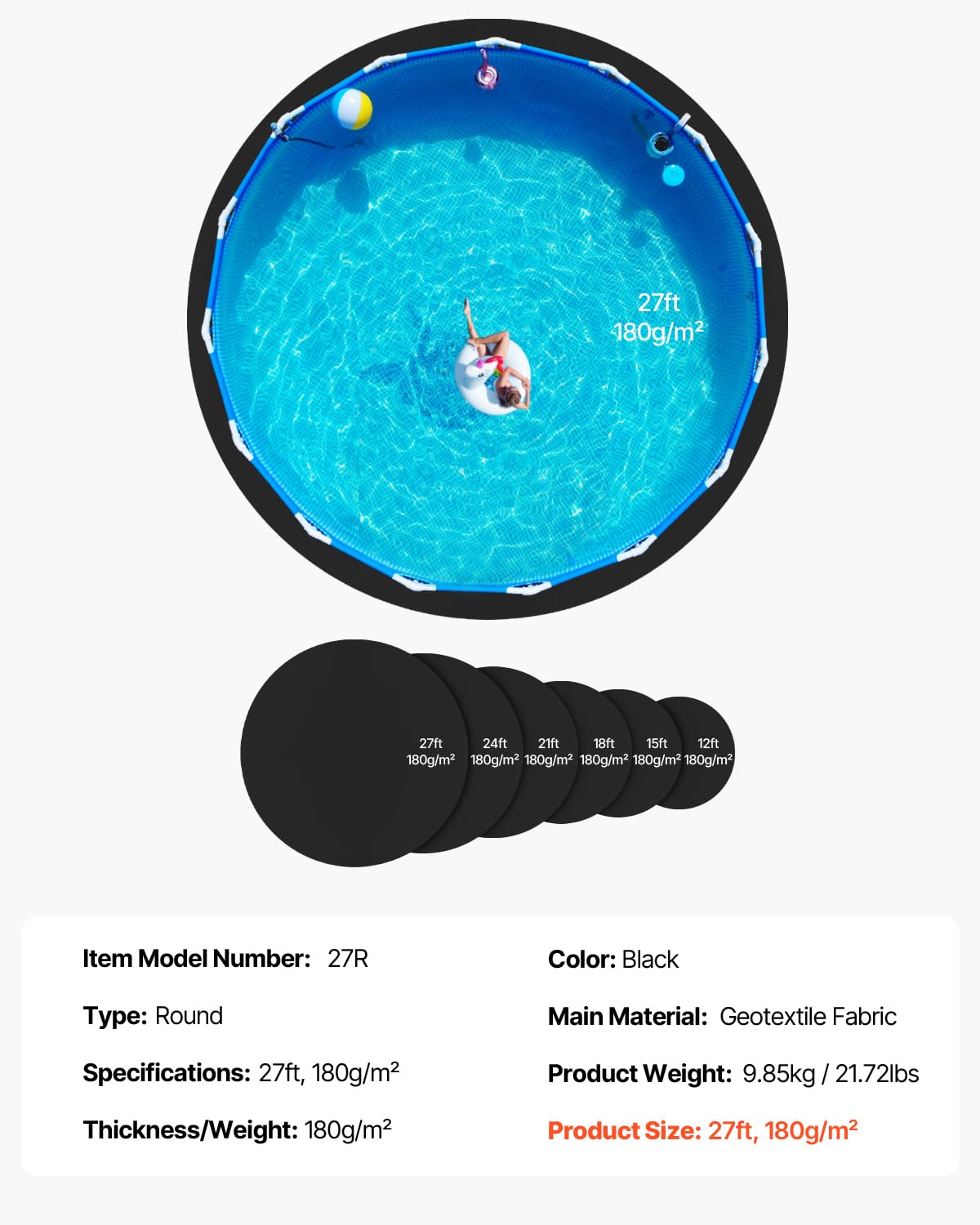 VEVOR Tapis de Sol Piscine, 835 cm, Tapis sous Piscines Hors Sol Rond 180 g/m2 sous-Couche Géotextile Extra-épais, Installation Facile, Découpe Simple, Protection pour Éviter Perforations des Objets