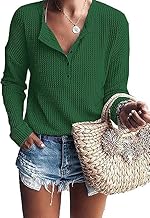 WNEEDU Women's Long Sleeve Tops Waffle Knit T-Shirts Loose V Neck Tunic Henley Shirts Button Up Blouse
