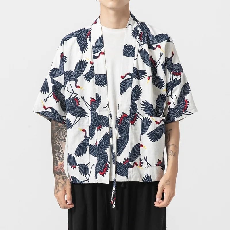 Male Kimono Cardigan Retro Chinese Style Print Traditional Japanese Shirt Jacket