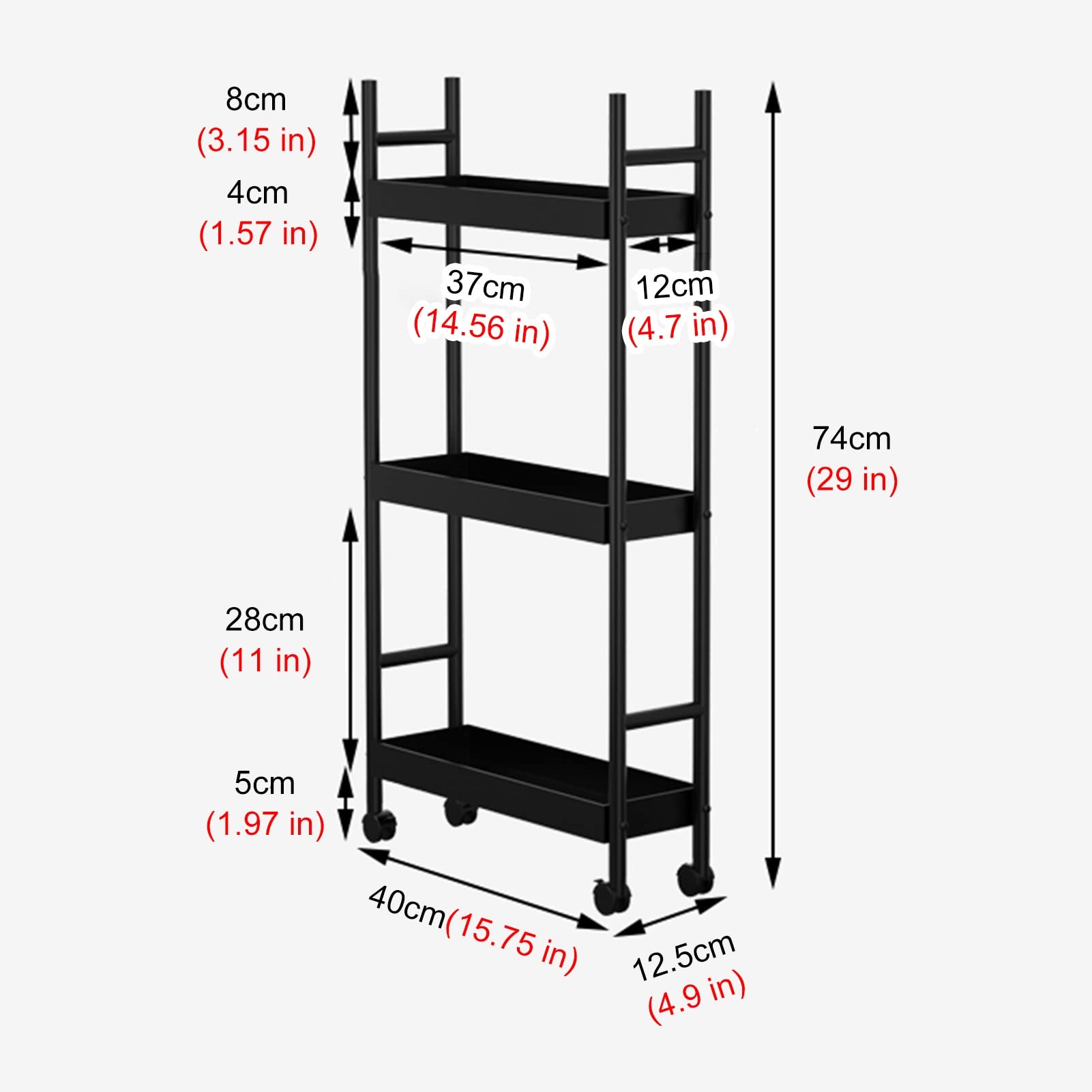 Carrello Cucina Bagno Carrellino Salvaspazio Carrello Portaoggetti Sottile Extra Alto Per Cucina Bagno, Carrello Di Stoccaggio A Rotelle Largo 12,5 Cm Con Ruote, Scaffali Stretti In Piedi Neri Carrell