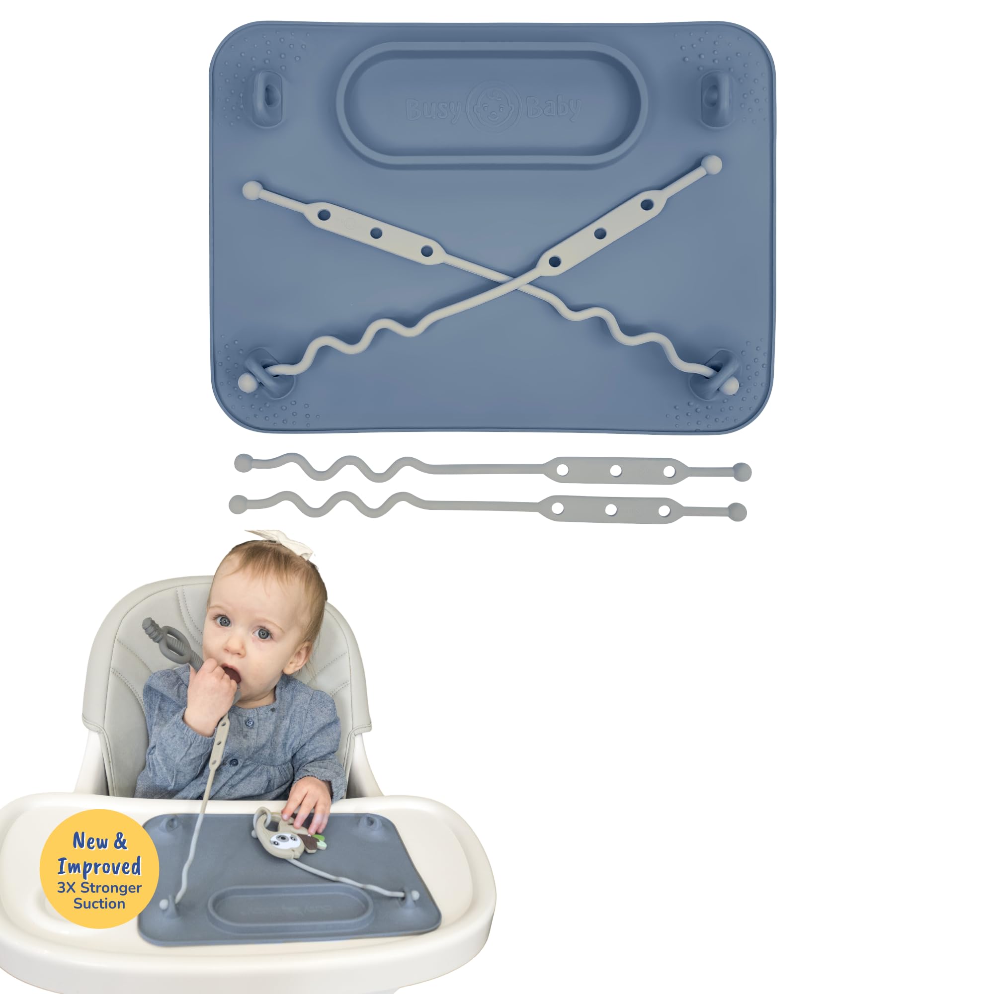 BUSY BABY Silicone Mat - Suction Cups, 4 Straps to Secure Baby Essentials, Self Feeding, Baby Led Weaning, Travel Sleeve Included (Pewter)