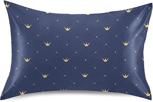 Funda de almohada azul marino con corona dorada, fundas de almohada de satén tamaño Queen, funda de almohada sobre, lavable a máquina, 30 x 20