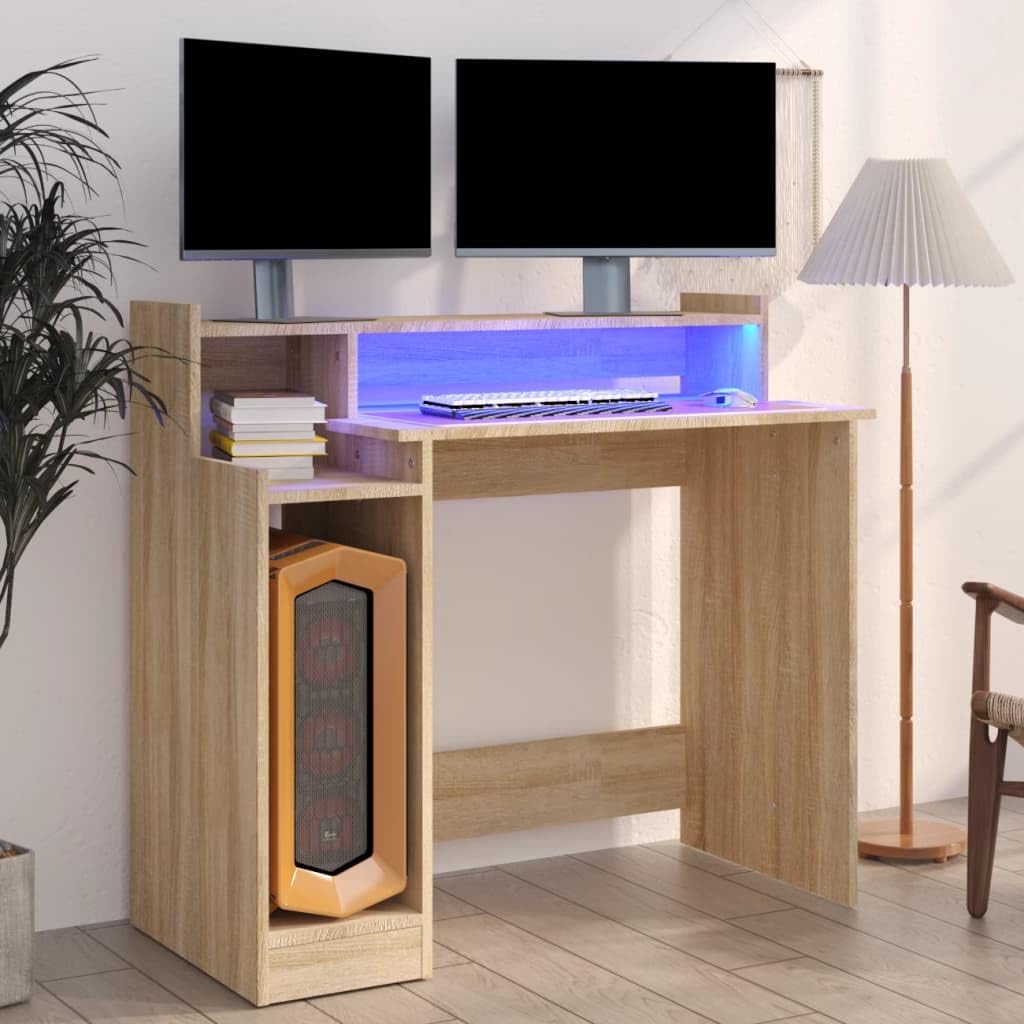 vidaXL Escritorio con LED Mesa Ordenador Estudio Oficina Muebles Despacho Almacenamiento Estantería Madera Contrachapada Roble Sonoma