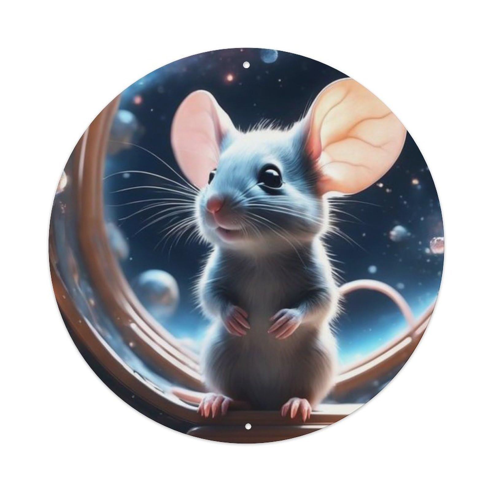 Animal Cute Mouse Space Astronomy Fantasy Cosmic Vintage Metal Tin Sign Plaque Wall Decor for Cafe, Club Bar, Office, Garden Metal Poster 8x8Inch