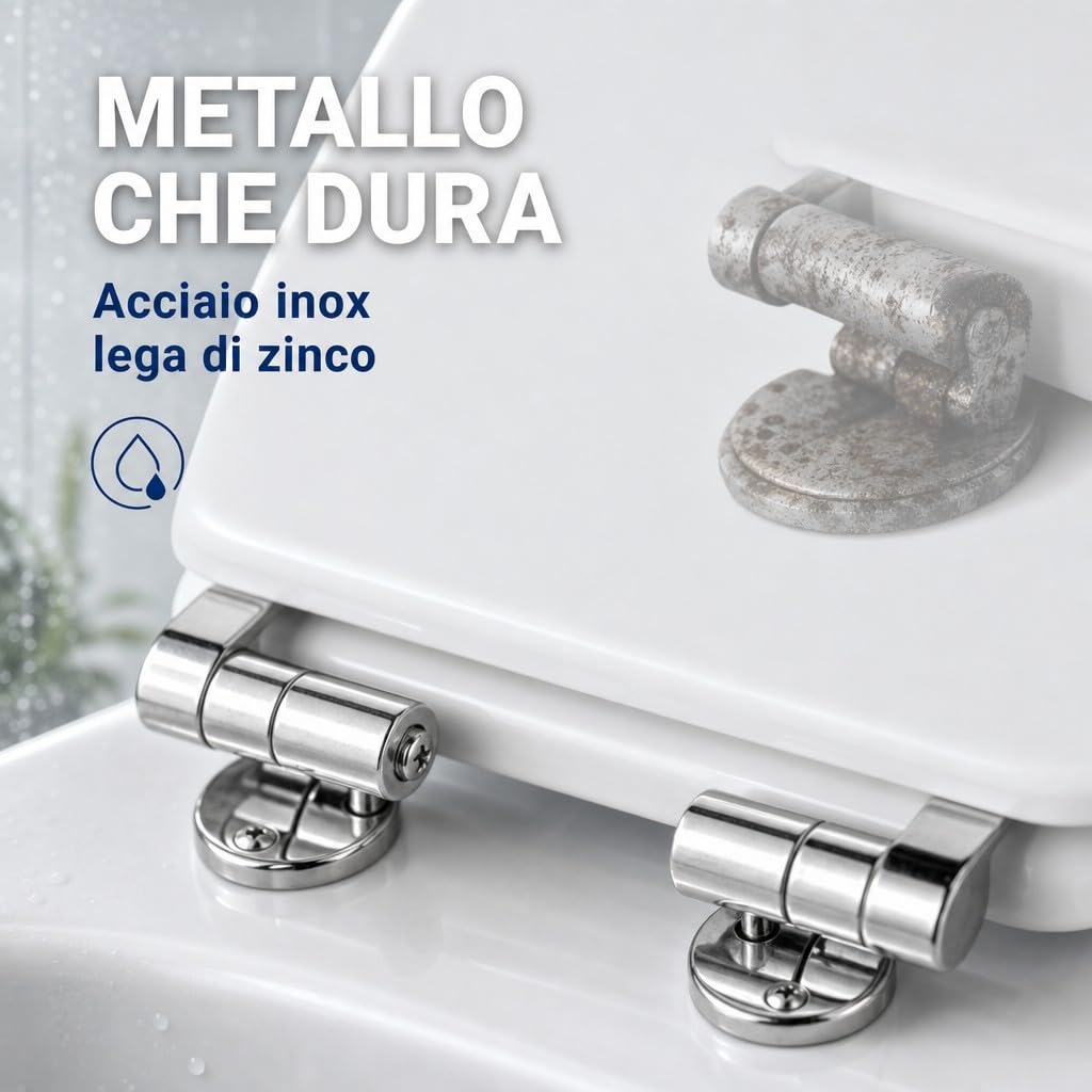 Cerniere Copriwater Universali Acciaio Inox HM con Viti e Guarnizioni, Kit Fissaggio Sedile WC Rotondo MDF Legno Resina, Ricambio Tavoletta WC