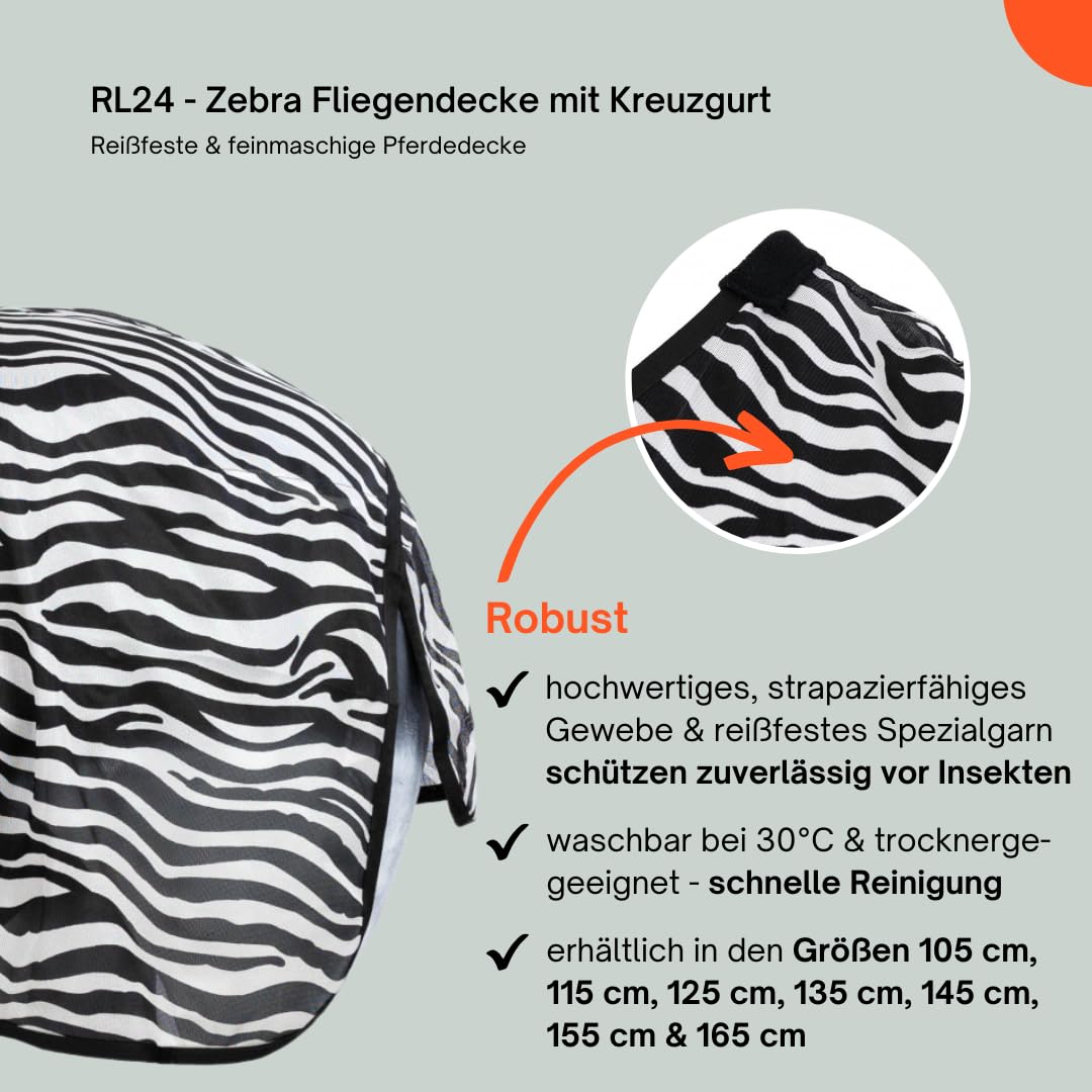 Zebra Fliegendecke mit Kreuzgurt – reißfeste & feinmaschige Pferdedecke – Weidedecke – 145 cm