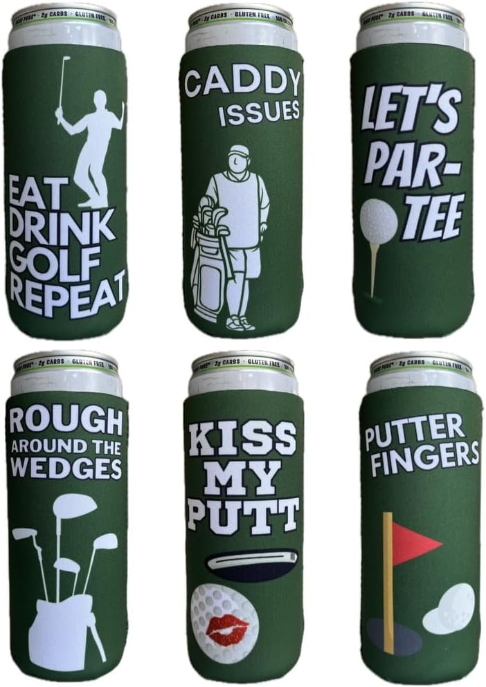 Funny Golf Themed Coozies - Great Gift for Any Golfer - Premium Neoprene Material - 6 Pack (Standard 12oz Slim/Seltzer Can) (Design Set 2)