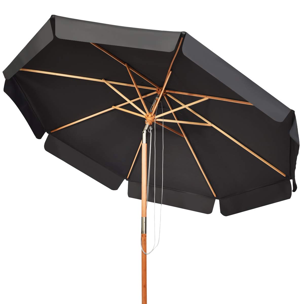 KOMFOTTEU 3M parasol de jardin en bois de hêtre inclinable, imperméable et protection solaire, parasol de plage avec 8 baleines, pour jardin, balcon, terrasse, gris, 300cm x 253cm