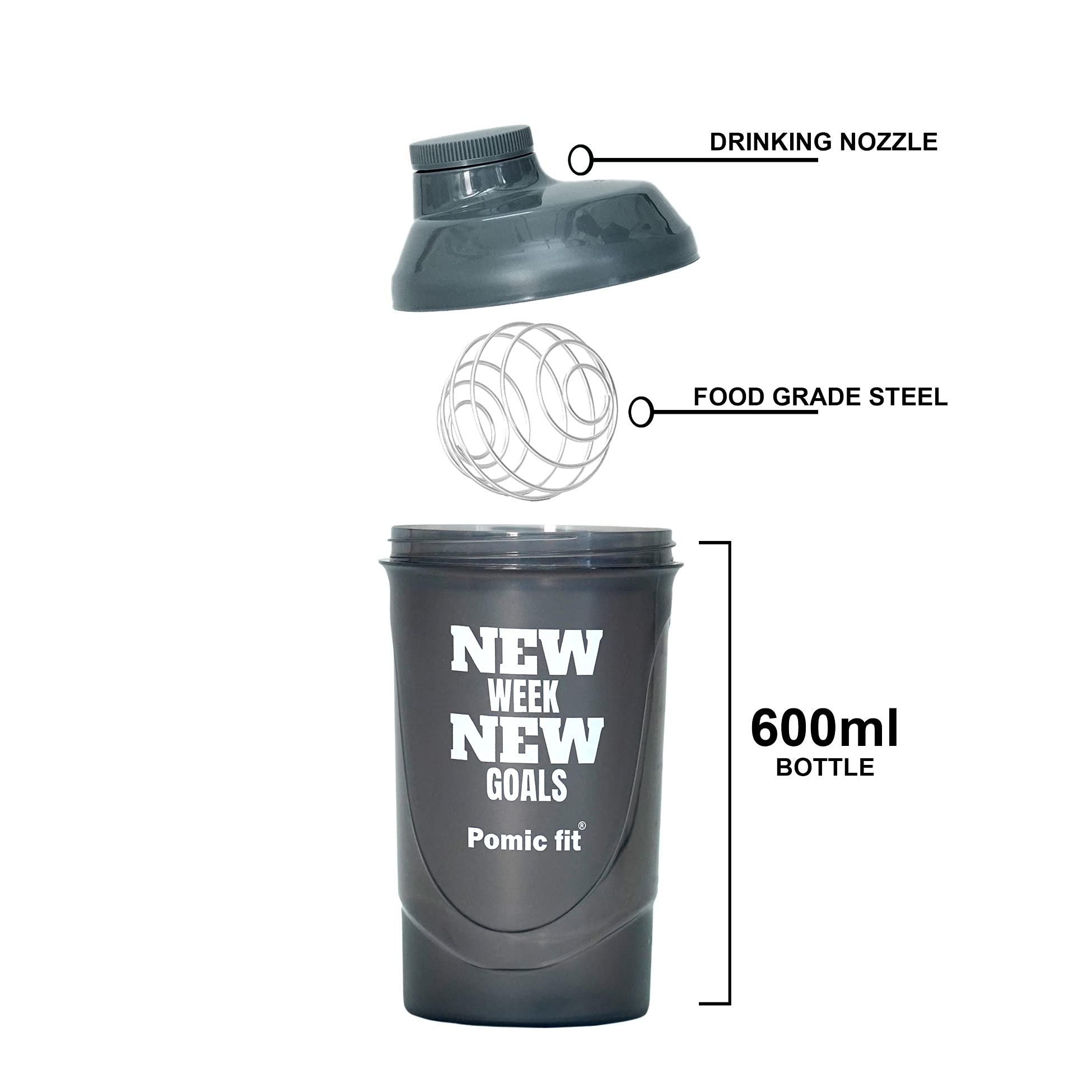 Pomic fit 600ml Gym Bottles for Men Protein Shaker Bottle Fitness Shaker Blender Gym Sipper Bottle for Men & Women Gym Shaker Bottle for Sports Stainless Steel Blender Ball 600ml (White,Blue) 1