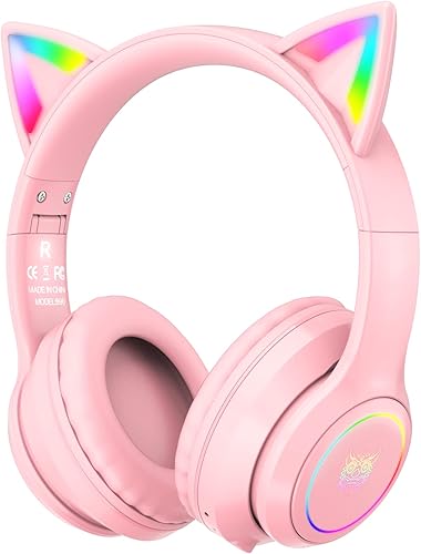 SIMGAL Auriculares Bluetooth con orejas de gato para niños modo inalámbrico y con cable auriculares plegables con micrófono luz LED RGB para niñas