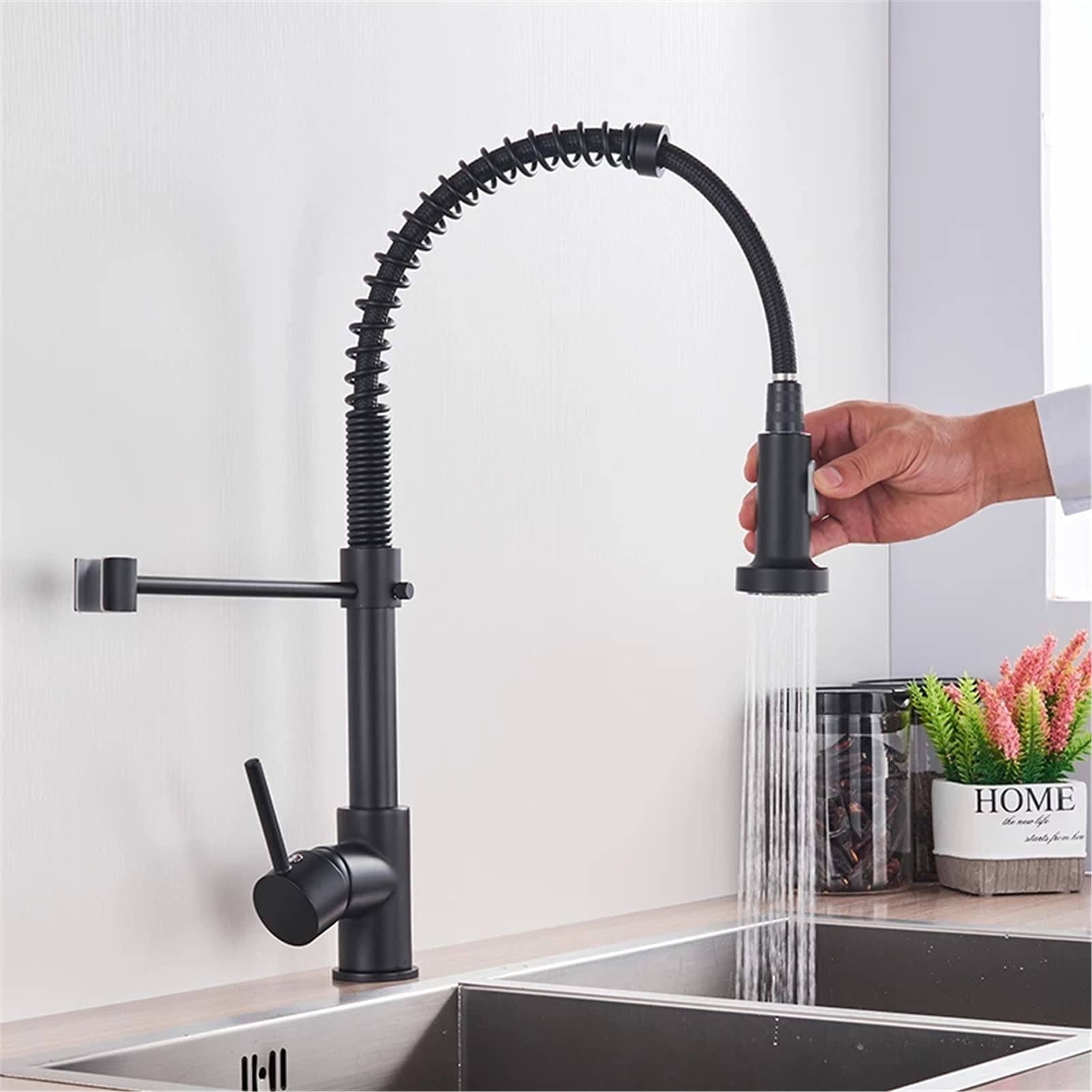 MXXQRHF Kitchen Faucets, Single Lever Pull Out Spout 360 Rotation Mixer Tap, Hot and Cold Spring Kitchen Faucet,Beige (Color : Nero)