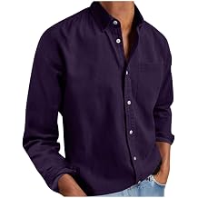Mens Casual Button Up Long Sleeve Shirt Solid Lapel Collar Spring Summer Lightweight Vacation Tops with Pocket