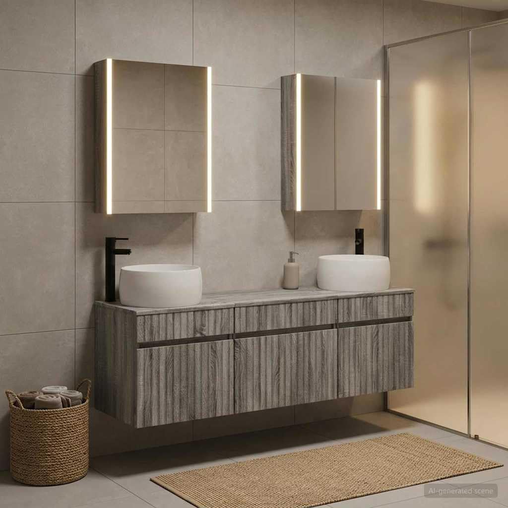 Juego de 5 armarios de baño Sonoma gris 53 x 15,5 x 70 cm estante de madera con espejo LED montado en la pared, versátil, resistente a la humedad, ahorro de espacio, diseño moderno