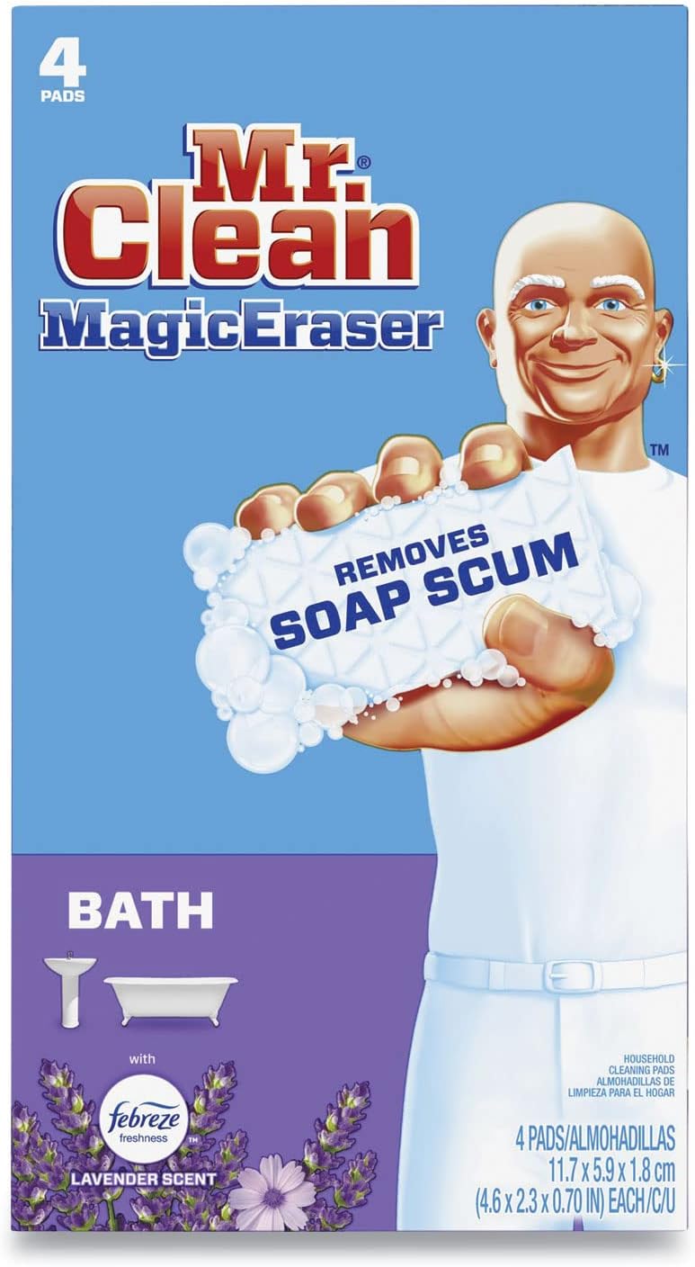 Mr. Clean Magic Eraser Lavender Scent with Febreze, Removes Soap Scum, 4 Pads (Pack of 2)