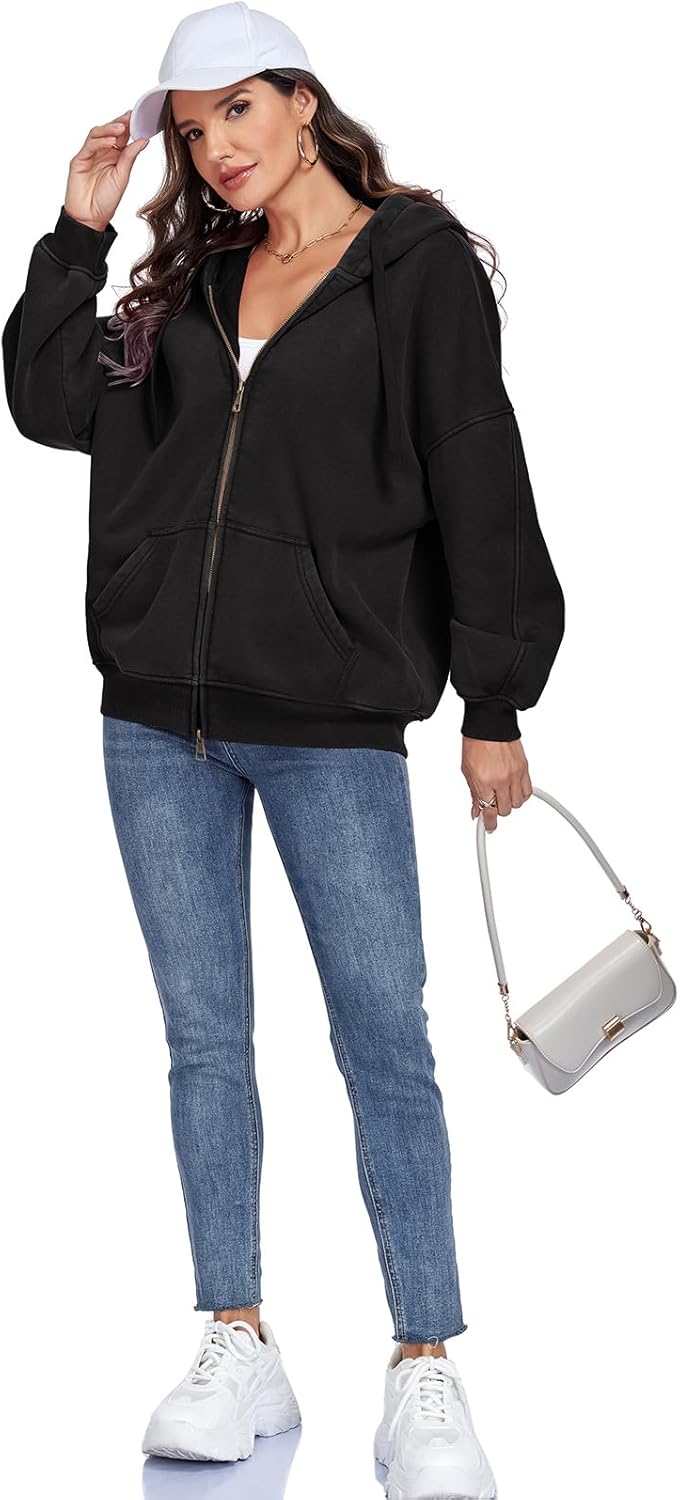 ALSOGO Womens Double Zip Up Oversized Hoodie Fleece Acid Wash Long Sleeve Sweatshirts Distressed Vintage Cotton Jackets - Image 7