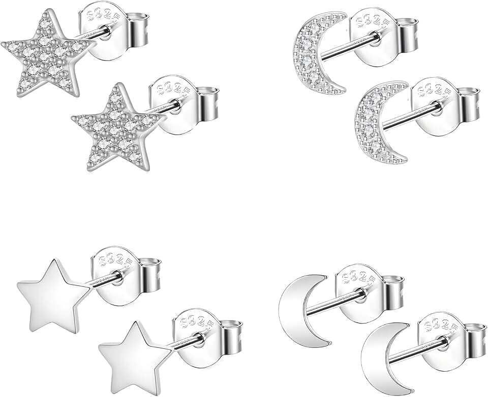 Epoch World 4 Pares Pendientes de Plata de Ley 925 con Circonitas Cúbicas: Pendientes Estrella Luna, Aretes de Mujer y Niña