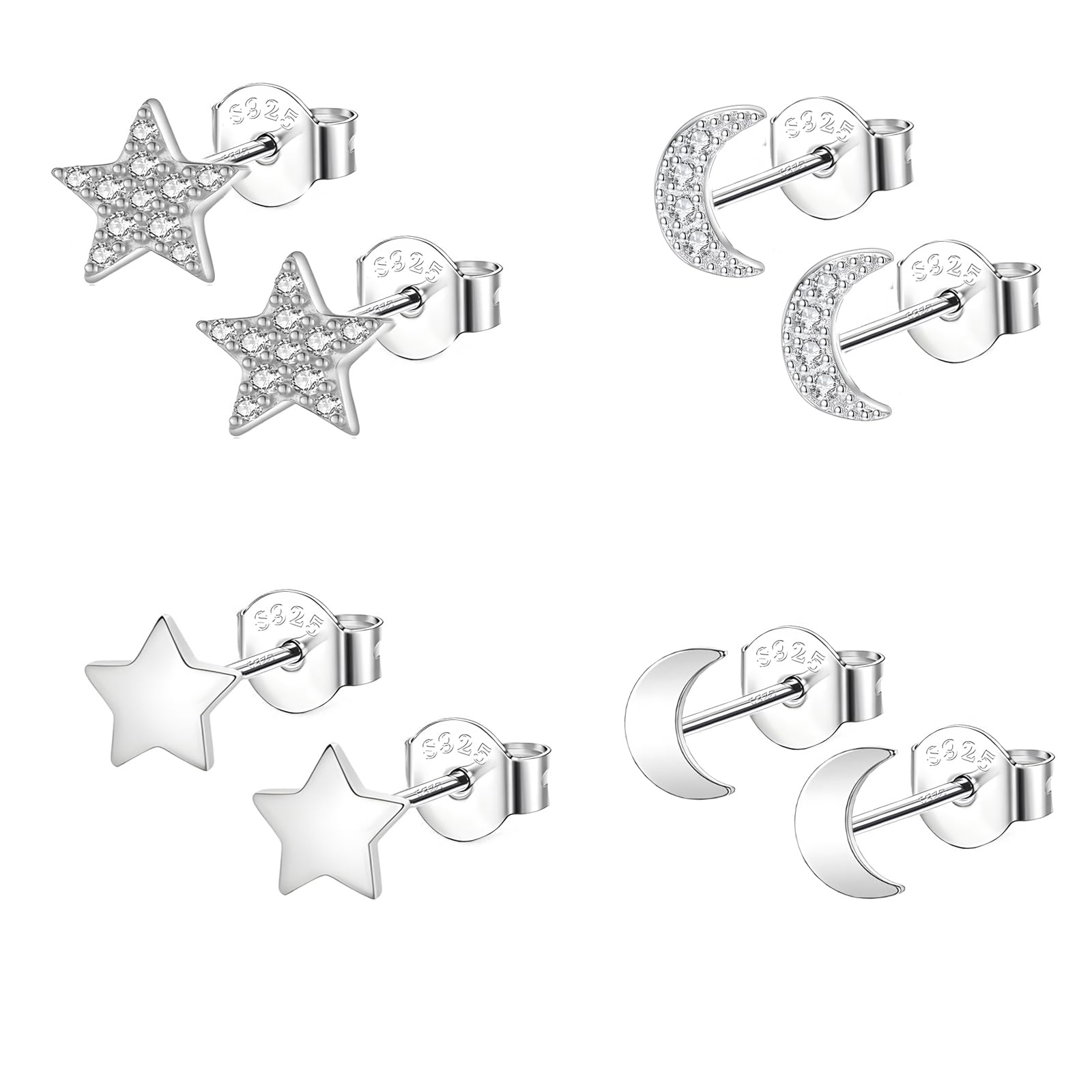 4 Paia Orecchini in Argento 925 Orecchini Stella e Luna | Ipoallergenic Piccoli con Cubic Zirconia Orecchini Argento per Donna e Ragazze