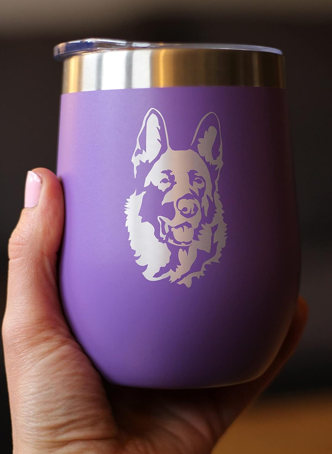 Bevvee German Shepherd Wine Tumbler with Sliding Lid - Stemless Stainless Steel Insulated Cup - German Shepherds Outdoor Camping Mug - Purple