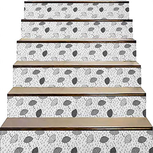 3D Self-Adhesive Stairs Risers Stickers, Abstract Umbrellas Pattern in Rain Greyscale Illustration o, for Stair Riser Decals Home Decor, W39.3 x H7.08 Inch x6PCS
