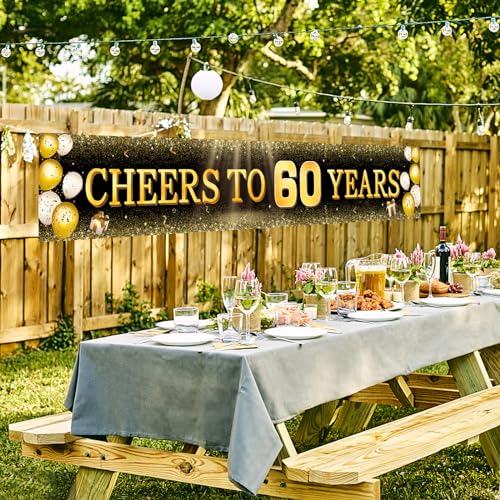 Image of TZSS Black & Gold 60th Birthday Banner Decorations - Extra Large 118 inchx20 inch Reusable Yard Sign for Men & Women, Over The Hill Party Decor Indoor Outdoor, Diamond Jubilee Celebration
