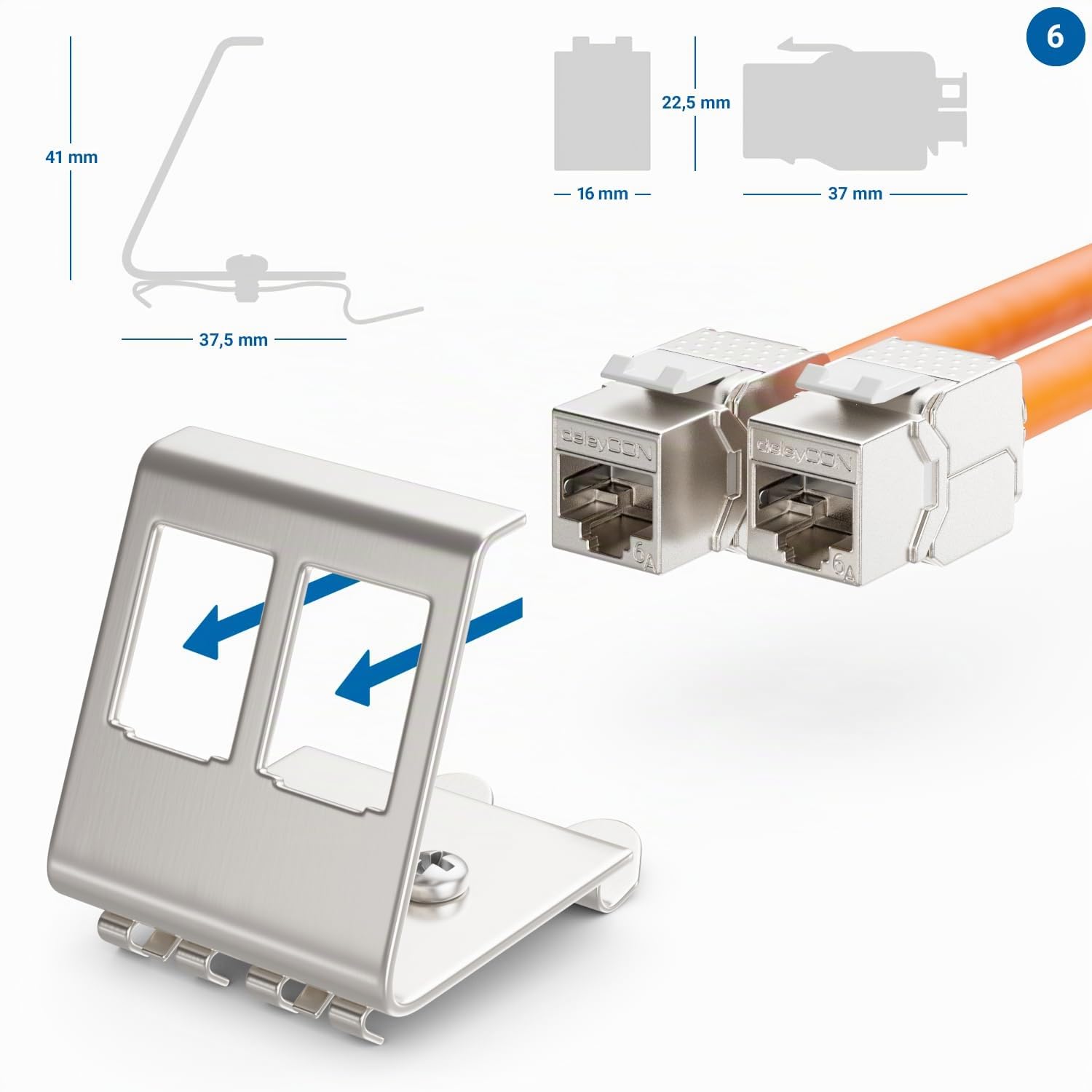 deleyCON 4x CAT6a Keystone Jack Module Avec 4x 2-Port Adaptateur Pour Profilé Chapeau Comme Set Métal STP Blindage RJ45 Femelle 10 Gbit/s Réseau Montage Snap-In Pour Profilés Chapeau 35mm