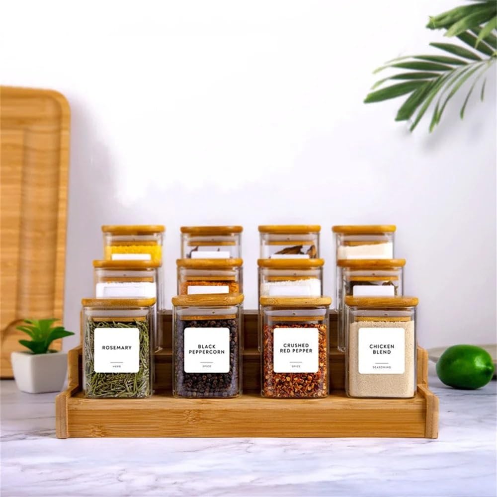 12-teiliges Set von quadratischen/runden Gewürzgläsern mit Bambusdeckel und Etiketten, Frischhaltedosen für Zuhause, Küchenzubehör (12 Stück quadratisch)