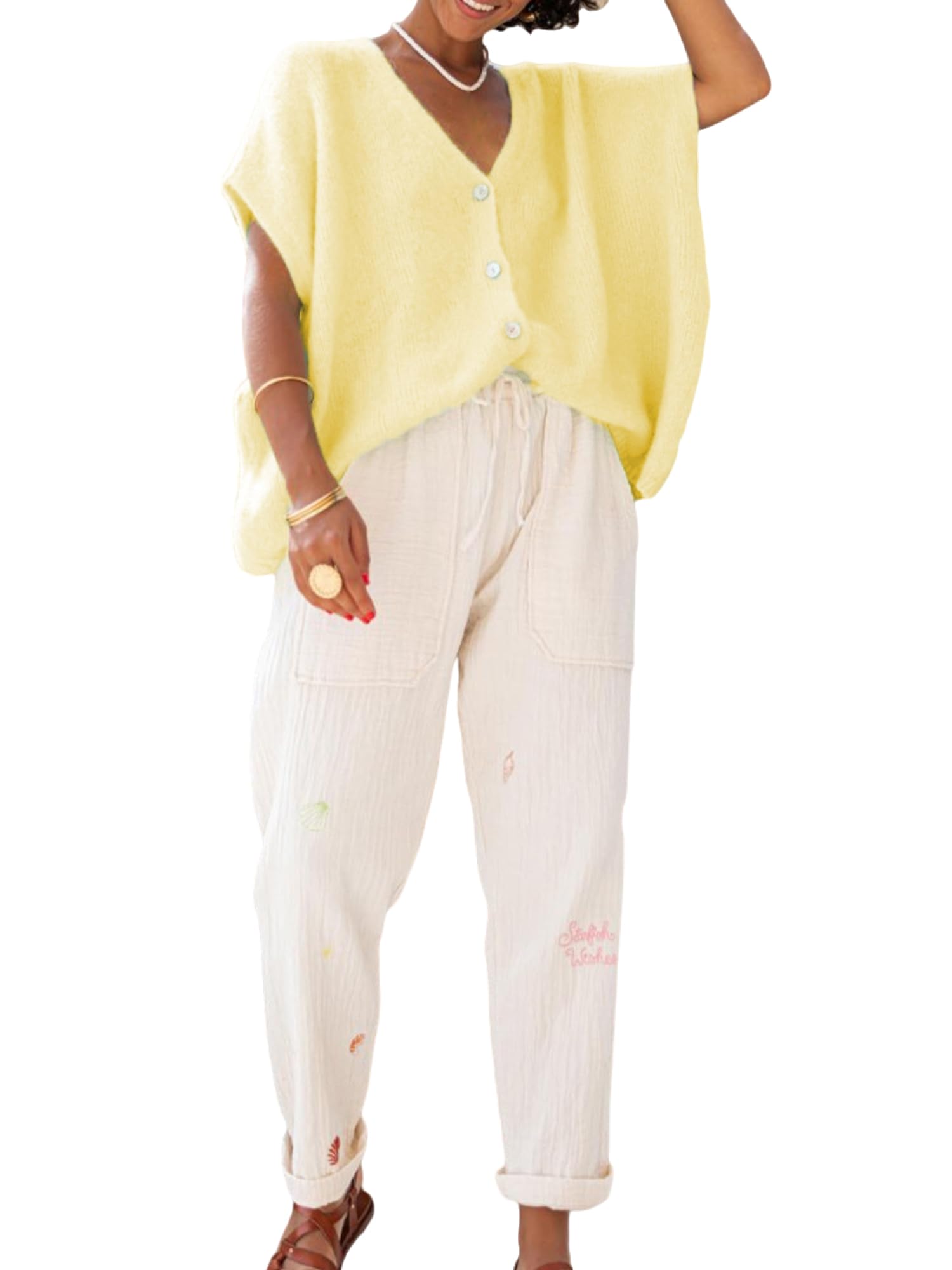 Women's Solid Button Down Lightweight Cardigans Short Sleeve V-Neck Knit Sweaters Loose Outwear Jacket Tops (A-Lemon Yellow, S)