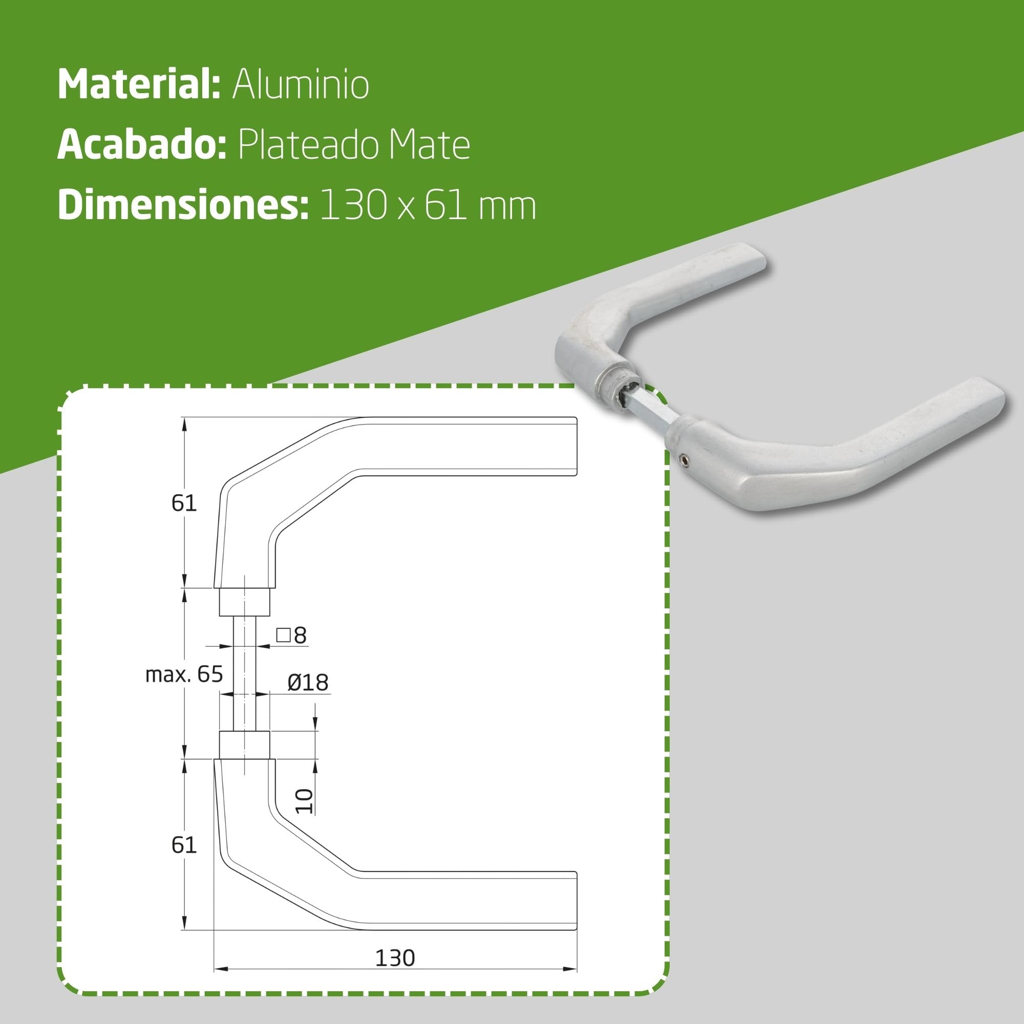 Amig - Set de 6 Juegos de Manillas sin roseta Plateado mate de Aluminio - 130 x 61 mm - Mod. 2113 - Cuadradillo 8 mm - Para puertas de 35 a 65 mm