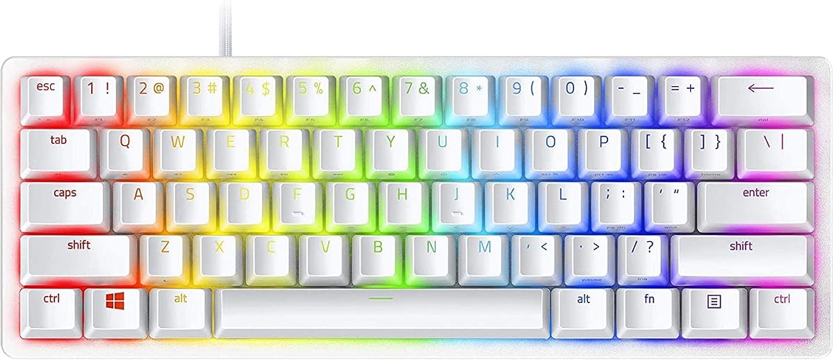 Huntsman Mini (interruptor morado) - Teclado compacto para juegos al 60% (interruptores ópticos con clic, teclas PBT de doble disparo, cable USB-C extraíble) Diseño QWERTY US | Blanco mercurio