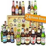 BIERBOX mit 24h LIEFERUNG: Bestellungen gehen werktags innerhalb von max. 24h in den DHL-Versand. 24x internationale Spitzenbiere renommierter Brauereien der ganzen Welt + Geschenkkarton in edler Holzoptik (wiederverschließbar) + 6 Geschenkkarten + 3 personalisierbare Urkunden + Bierbewertungsbogen + Bierbuch