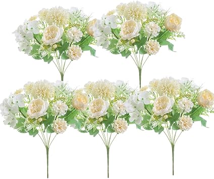5 Pcs Simulation Peony Flowers Combination Bouquets for Home Party Office Wedding Meeting Reception Table Decoration, High-end Lifelike Artificial Hydrangea Flowers Decor Pack[Peony-Champagne White]