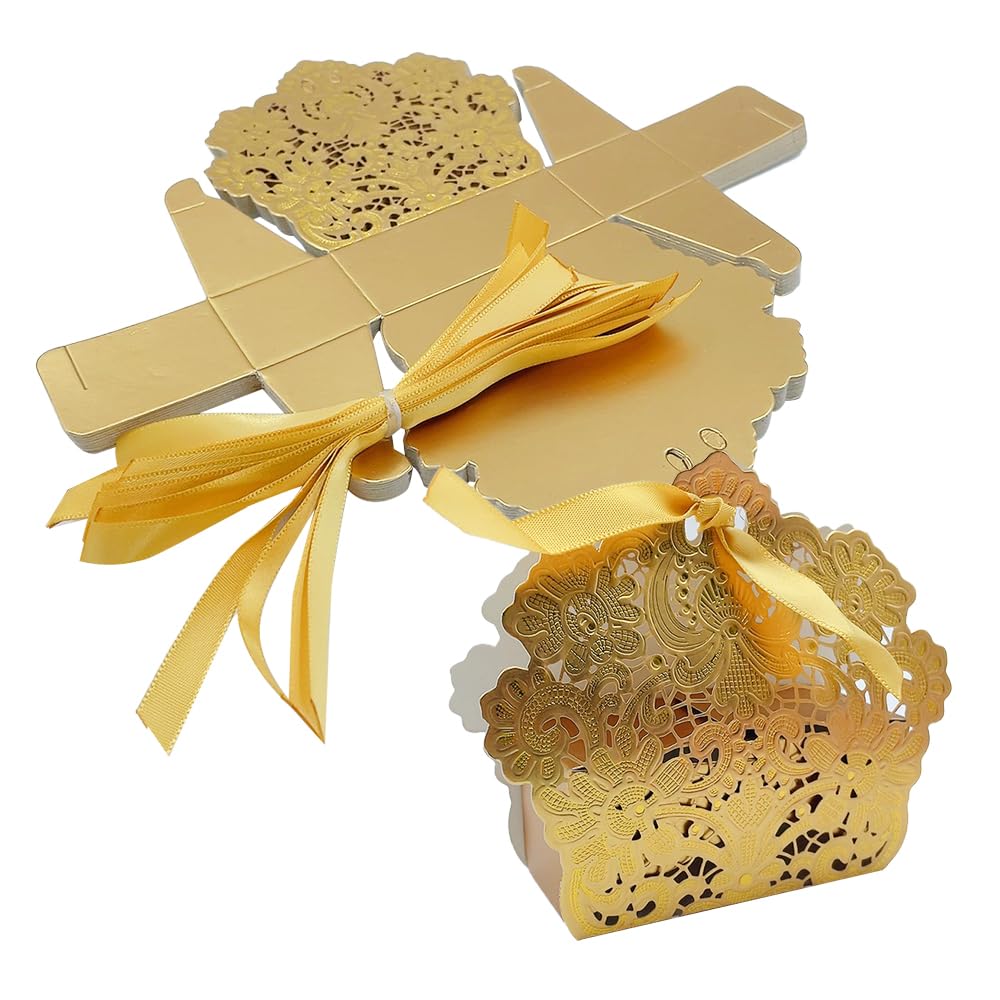 ONEBO 25 Piezas Caja Caramelos de Papel,Cajas de recuerdos de boda,Caja De Regalo De Fiesta De Bricolaje con Cinta,para Chuches para Bodas, Cumpleaños, Aniversarios(Oro)