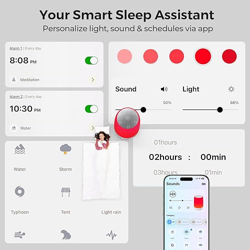 Miniatura 5 de Lámpara inteligente de terapia de luz roja y máquina de sonido para dormir para dormitorio con reloj despertador, luz nocturna con control de