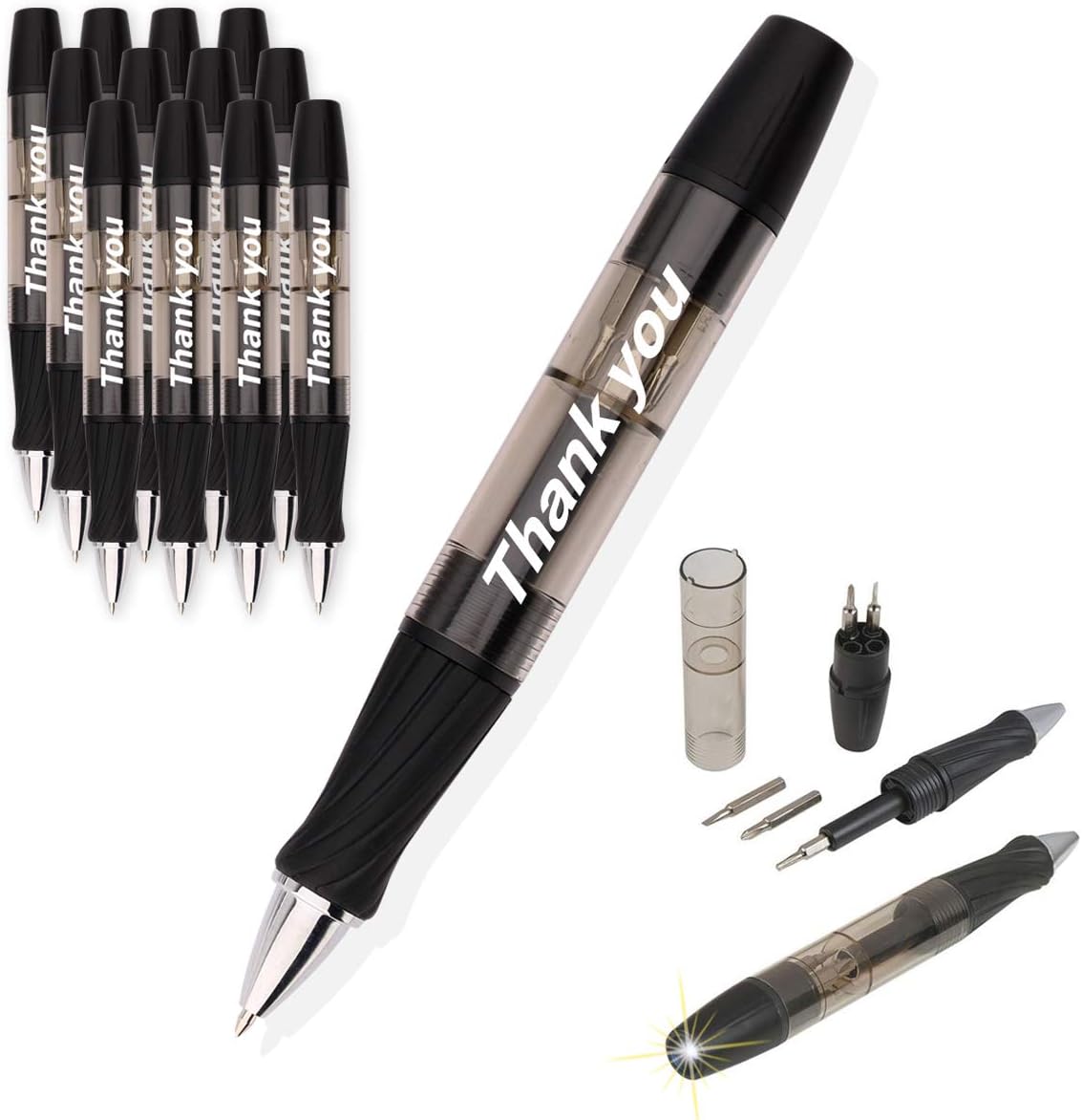Multitool Pen With Screwdrivers and Light "Thank you" Gifts for Men Dad Uncle (Black 12Pack)