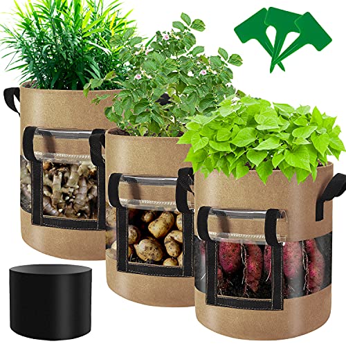 Visible Potato Grow Bags 10 Gallon with Flap 3-Pack,Potatoes Growing Containers with Handles&Visible Space, Heavy Duty Thickened Aeration Nonwoven Fabric Pots,alse for Tomato Strawberry