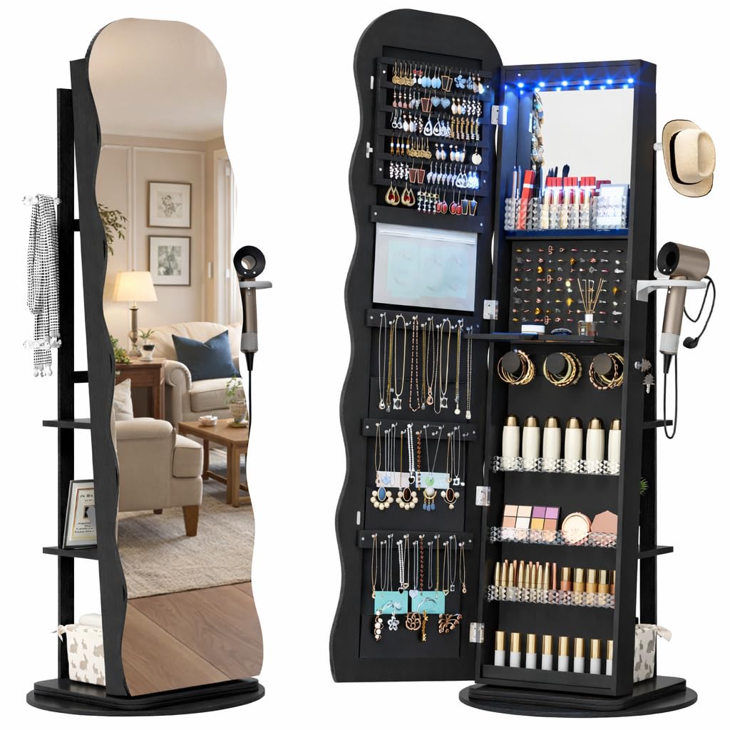 Vlsrka 360° Swivel Jewelry Aromire with Wavy Mirror, Lockable Jewelry Organizer Mirror Full Length, Rotatable Standing Mirror with Storage, Jewelry