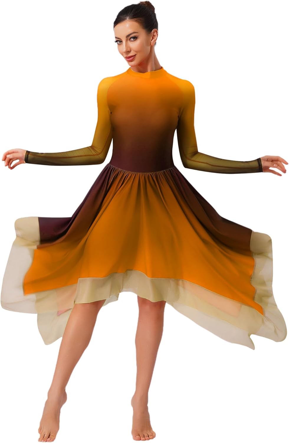 Shinsto Women's Long Sleeve Praise Dance Dress Asymmetrical Tunic Overlay Dress Worship Dancewear