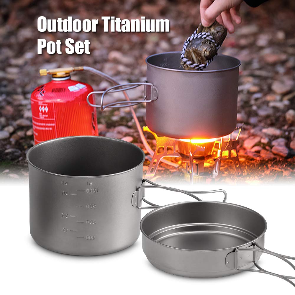 Lixada Zestaw garnków z czystego tytanu, 1100 ml / 1600 ml + patelnia 350 ml / 500 ml, Φ125 x 102 mm, ze składanym uchwytem, na kemping, wędrówki (1600 ml + patelnia)