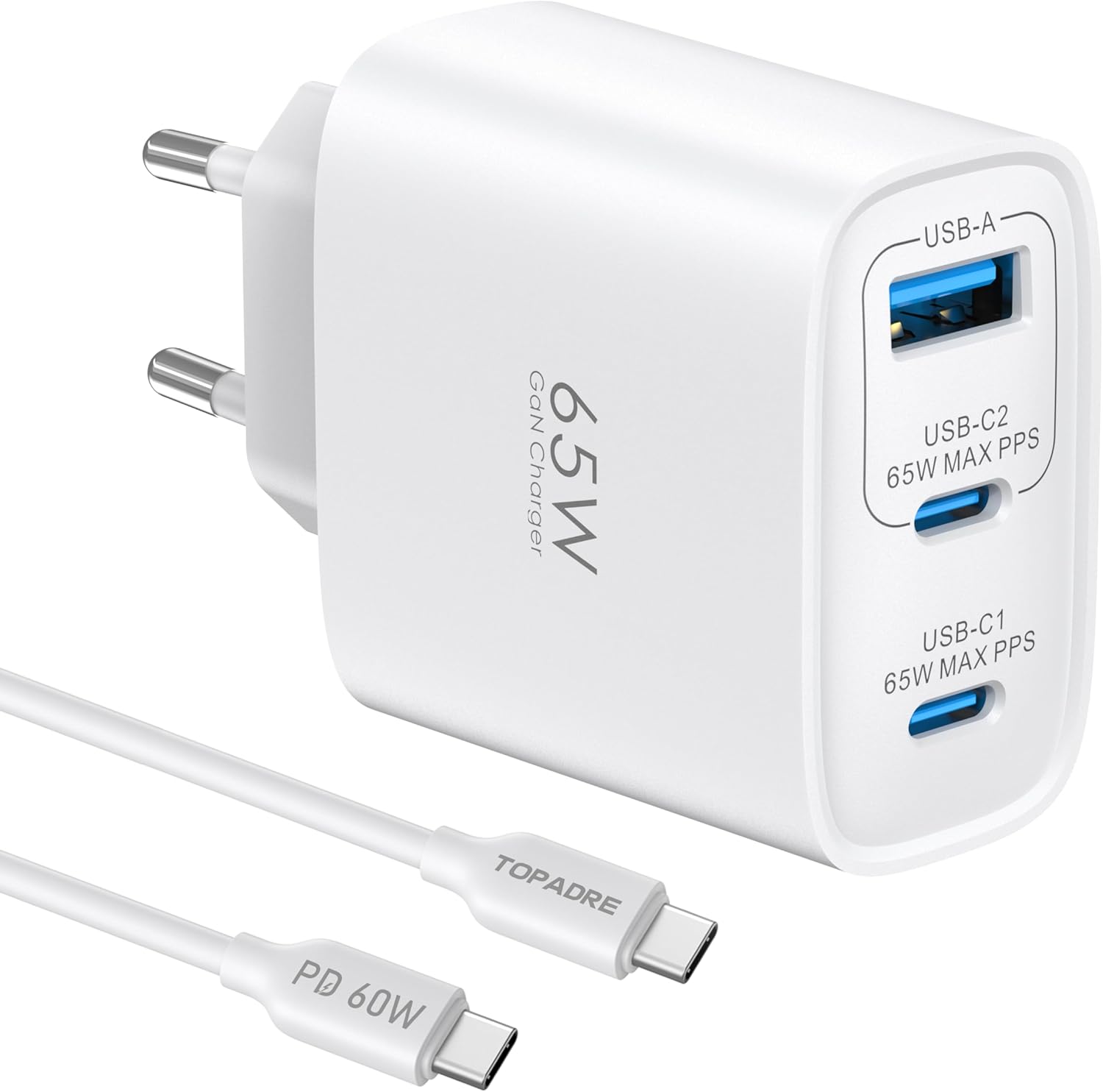 65W USB C Charger Block, 3 Ports GaN Wall Charger Foldable Compact Type C Fast Charger Charging for MacBook Pro/Air, for iPhone 16/16 Pro/16 Pro Max/15 Pro, for Samsung Galaxy S24/S23, White