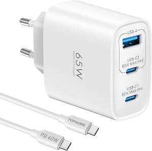 65W USB C Fast Charger, 3-Port USB C Plug GaN Tech PD3.0 PPS with 60W Cable for iPhone 17 16 15 14 13 Pro Max, for MacBook M4 M3 M2, for Galaxy S25 S24 S23 Note Pixel 9 8 7 iPad Air/Pro, White